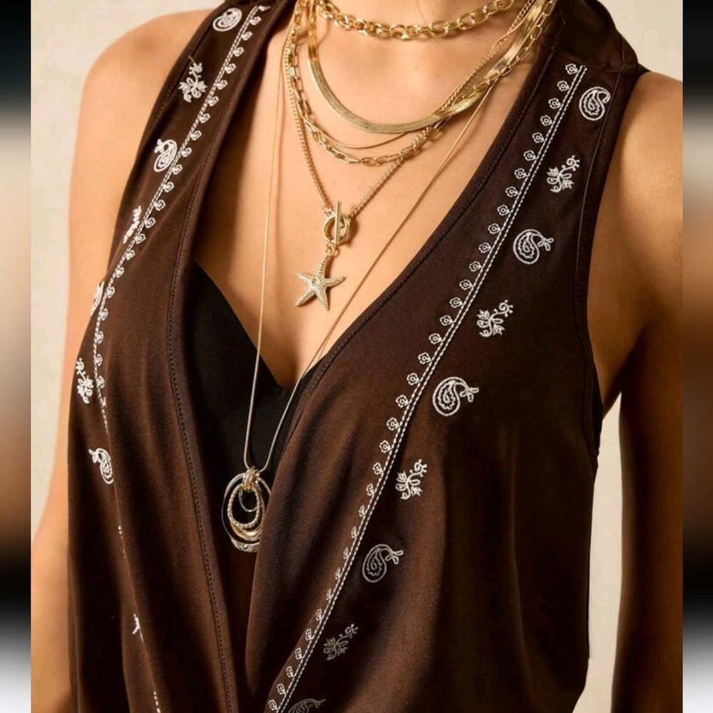Retro Draped Neck Embroidered Women Camisole Brown Top Women Dark Brown - Picture 3 of 4